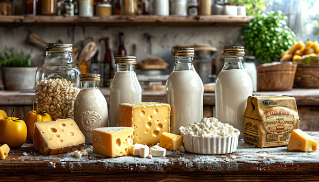 Молоко, сыр и творог на столе Молочные продукты для роста